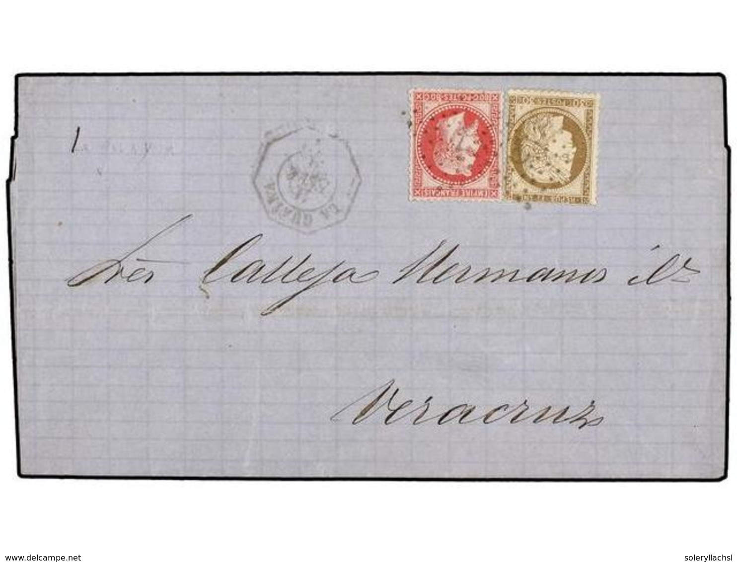 5693 VENEZUELA. Ce.32, 56. 1876 (Feb 15). Cover From LA GUAYRA To VERA CRUZ (Mexico) Franked By France 1863-67 Laureated - Other & Unclassified