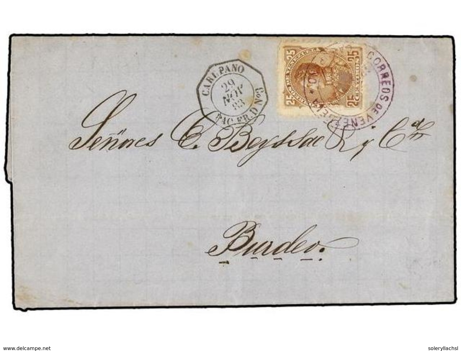 5696 VENEZUELA. 1883. Cover To BORDEAUX Franked By 1882 <B>25c.</B> Brown Tied By <B>CARUPANO</B> Cds In Violet; Scarce  - Other & Unclassified