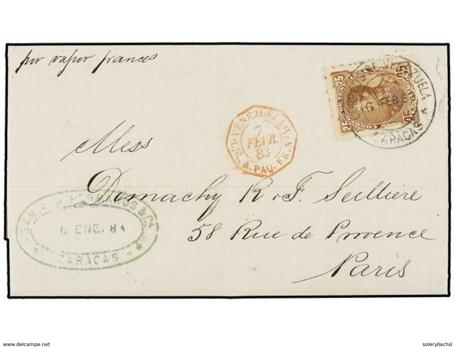 5697 VENEZUELA. 1883. CARACAS To PARIS. Entire Franked <B>25c.</B> Tied By <B>CARACAS</B> Cds, To Left Fine French Octog - Sonstige & Ohne Zuordnung