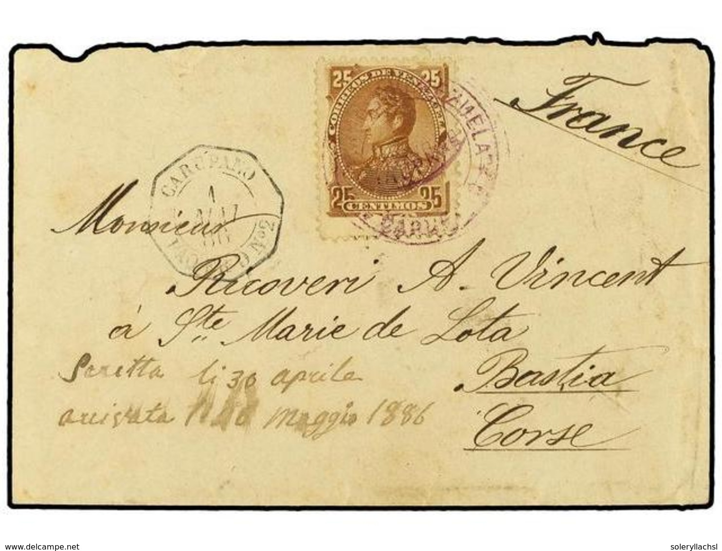 5699 VENEZUELA. 1886. CARUPANO A FRANCIA. <B>25 Cts.</B> Castaño Y Fechador Octogonal Maritimo Francés <B>CARUPANO/PAQ.  - Other & Unclassified