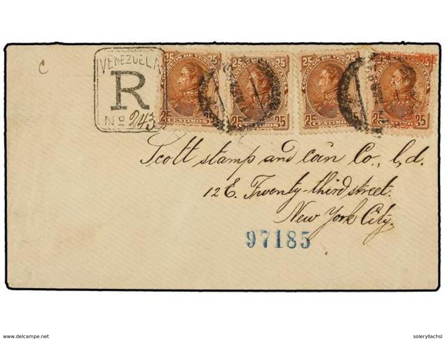 5702 VENEZUELA. Sc.110 (4). 1893. VENEZUELA A USA. <B>25 Cts. </B>castaño (4) RESELLADO. Carta Certificada, Al Dorso Lle - Sonstige & Ohne Zuordnung