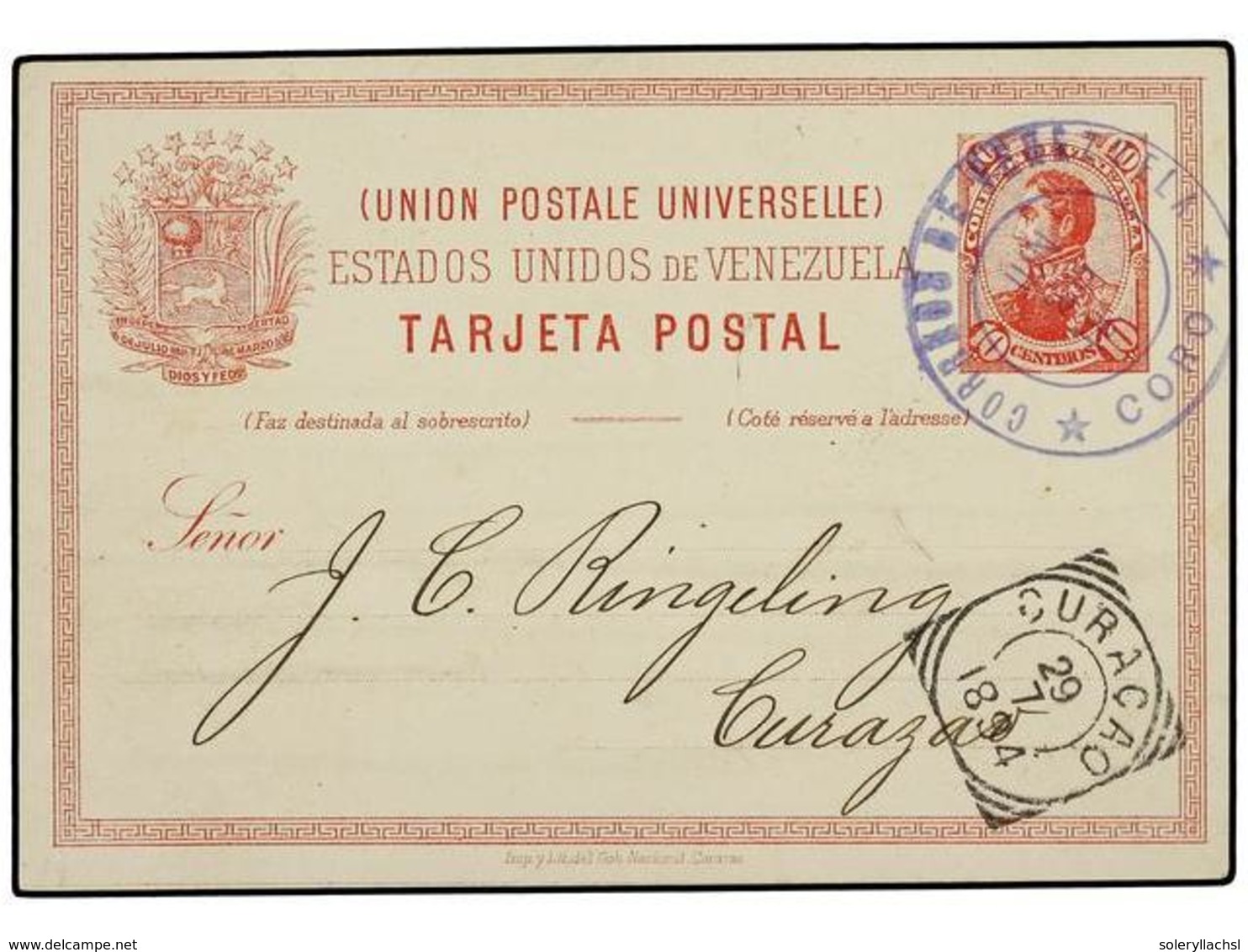 5703 VENEZUELA. 1894. CORO A CURACAO. Entero Postal De <B>10 Ctvos.</B> Rojo, Llegada En Anverso. - Sonstige & Ohne Zuordnung