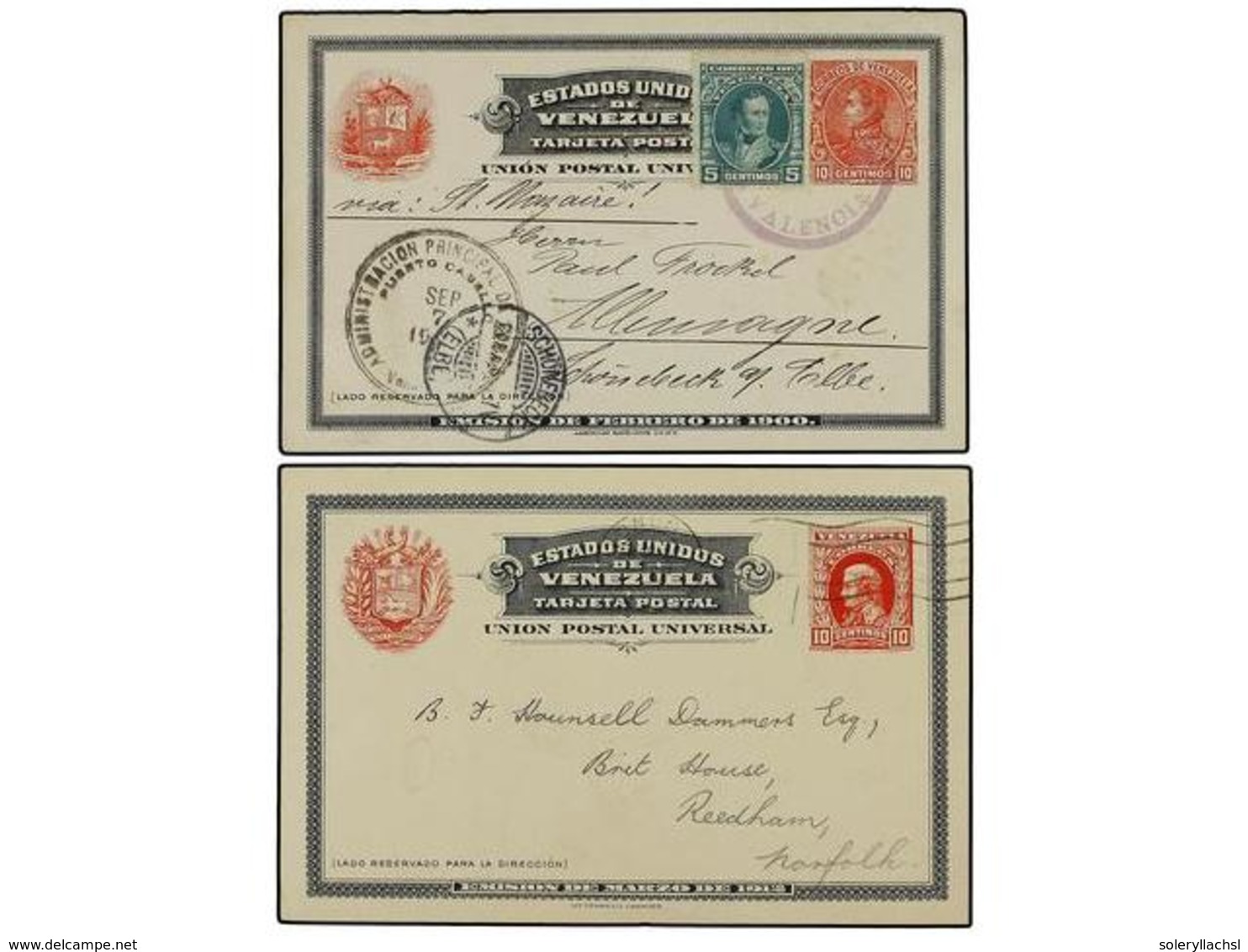 5704 VENEZUELA. 1897-1929. Cuatro Enteros Postales De <B>10 Cts.</B> Rojo Circulados A Diversas Destinaciones. - Other & Unclassified