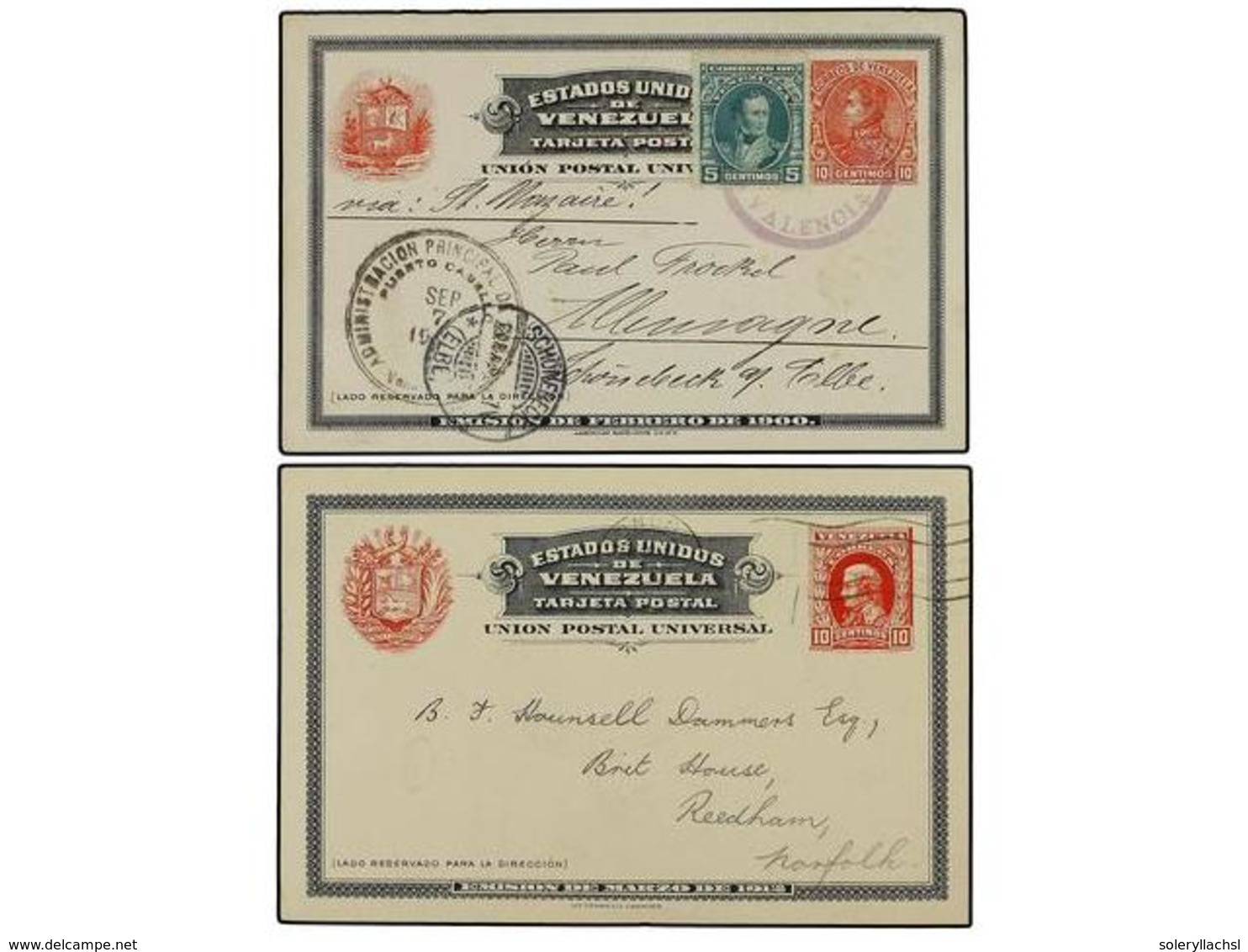 5704 VENEZUELA. 1897-1929. Cuatro Enteros Postales De <B>10 Cts.</B> Rojo Circulados A Diversas Destinaciones. - Sonstige & Ohne Zuordnung