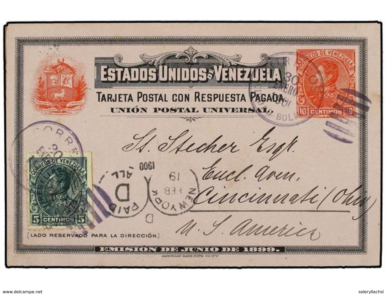 5708 VENEZUELA. 1900. CIUDAD BOLIVAR A USA. Entero Postal Doble <B>10 + 10 Ctvos.</B> Rojo Y Negro Con Franqueo Adiciona - Sonstige & Ohne Zuordnung