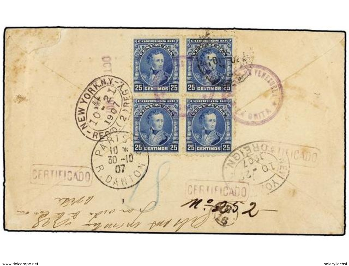 5712 VENEZUELA. Sc.234 (4). 1907. LA GRITA A PARÍS. <B>25 Cts.</B> Azul, Bloque De Cuatro, Franqueo Al Dorso, Tránsito Y - Other & Unclassified