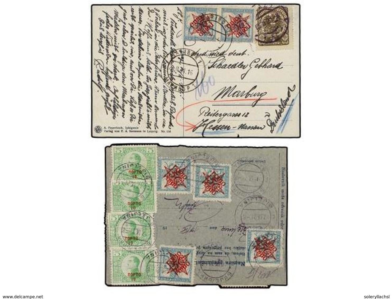 5731 YUGOSLAVIA. 1916-21. Conjunto De 3 Recibos De Paquetes Postales Y Una Tarjeta, Tasados A La Llegada Con Sellos De Y - Other & Unclassified