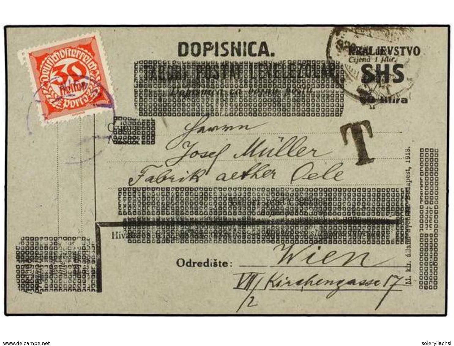 5735 YUGOSLAVIA. 1920. ZAGREBB To WIEN. Postal Stationary Card, Taxed On Arrival With Austrian <B> 30 Heller</B> Stamp. - Other & Unclassified