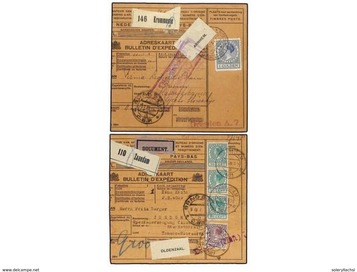 5738 YUGOSLAVIA. 1925-27. NETHERLAND To BRNO. 4 PARCEL RECEIPS Taxed On Arrival With Yugoslavian Stamps. - Other & Unclassified