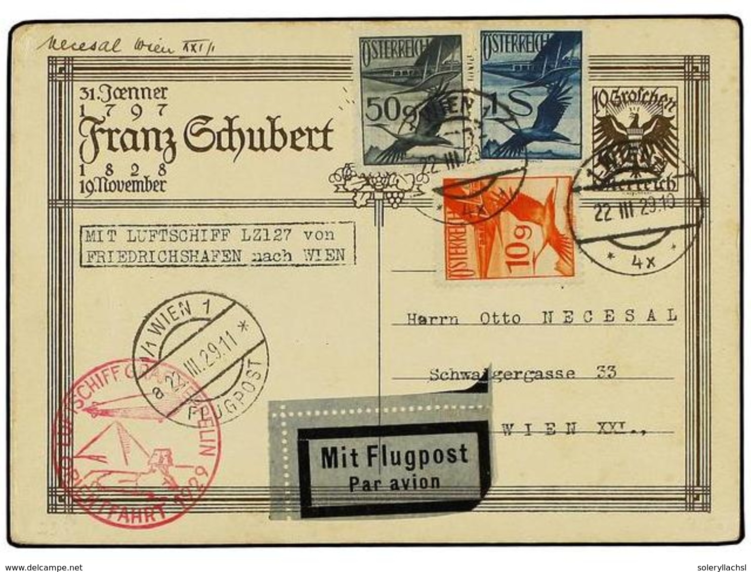 5748 ZEPPELIN. 1929 (22 Marzo). <B>AUSTRIA.</B> VIENA A VIENA.<B> </B>Entero Postal De <B>10 Gr.</B> Con Franqueo Adicio - Other & Unclassified