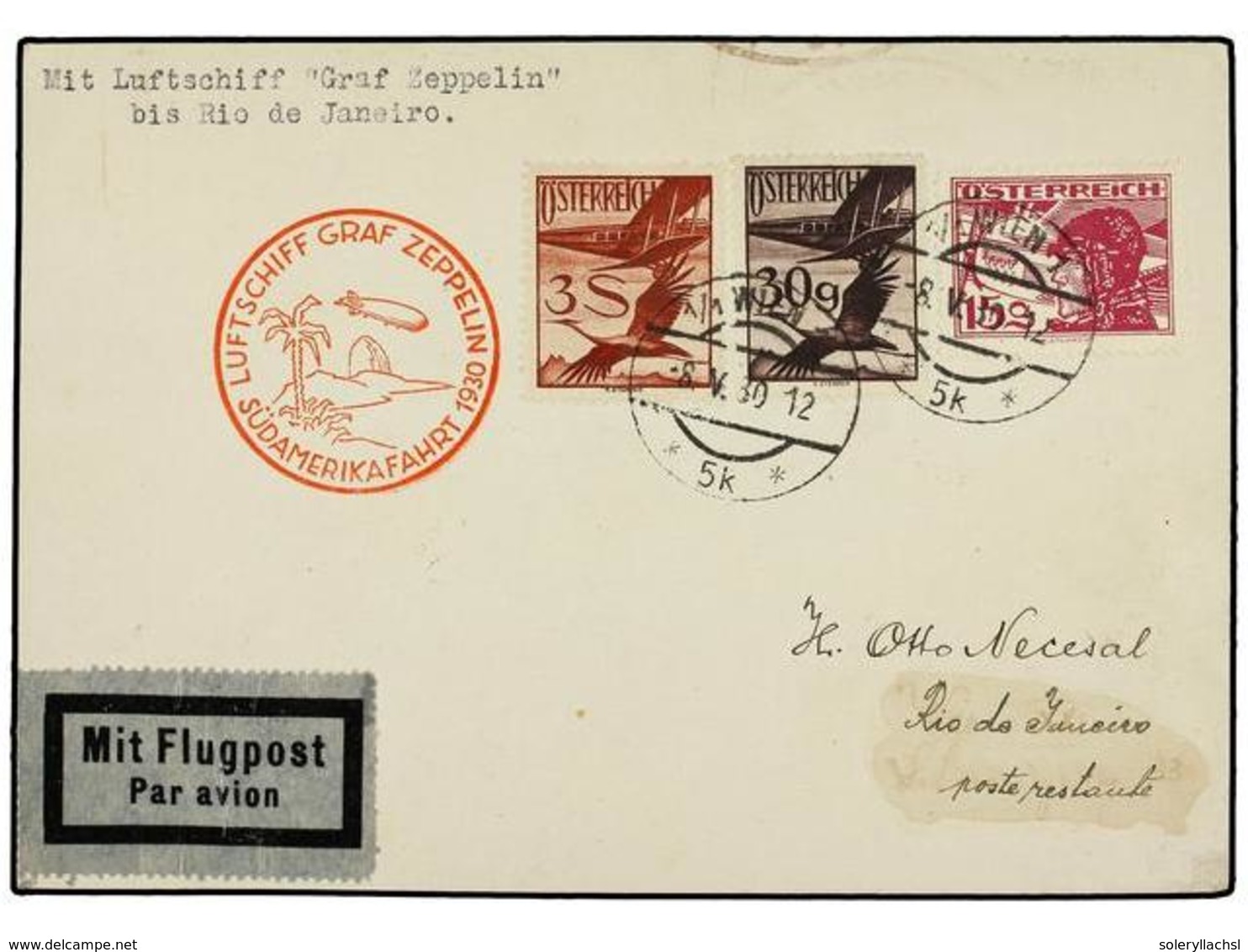 5751 ZEPPELIN. 1930 (8 Mayo). <B>AUSTRIA. </B>VIENA A RIO DE JANEIRO. <B>15 Gr.</B>, <B>30 Gr.</B> Y <B>3 S.</B> Volada  - Sonstige & Ohne Zuordnung