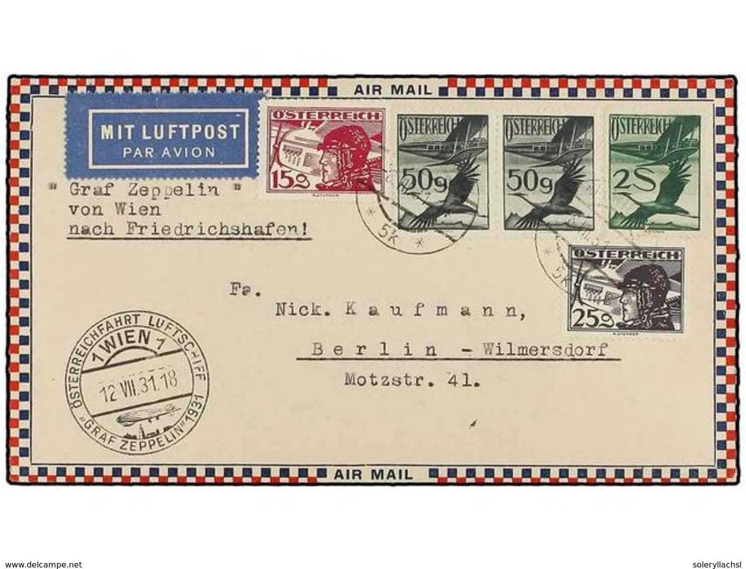 5754 ZEPPELIN. 1931 (12-VII). <B>AUSTRIA. </B>WIEN To BERLIN Vía <B>GRAF ZEPPELIN</B> Special Flight Mark, Arrival On Re - Other & Unclassified