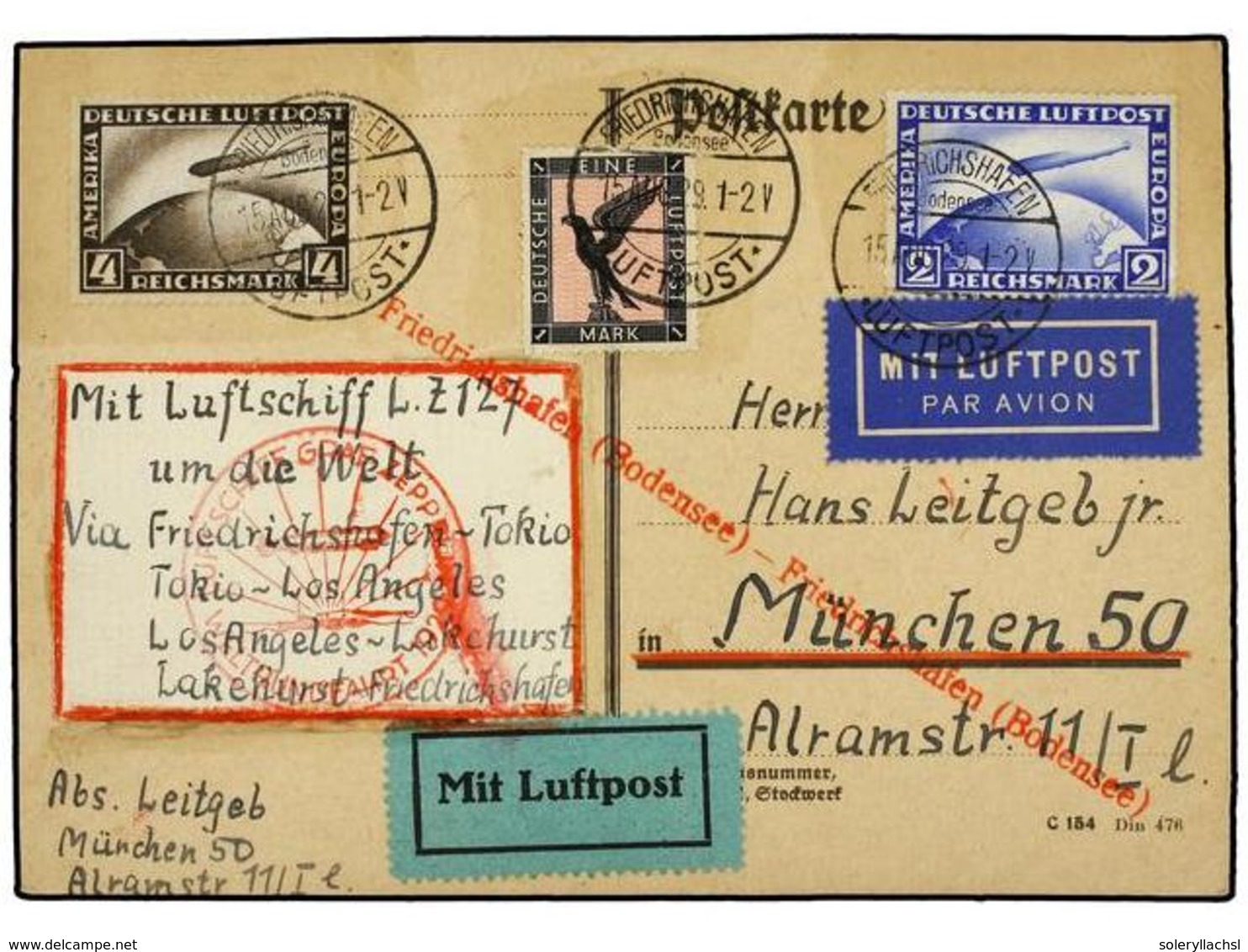 5764 ZEPPELIN. 1929 (15 Agosto). <B>GERMANY. </B>FRIEDRICHSHAFEN A MUNICH (Alemania). <B>1, 2</B> Y <B>4 Mk.</B> Volado  - Sonstige & Ohne Zuordnung