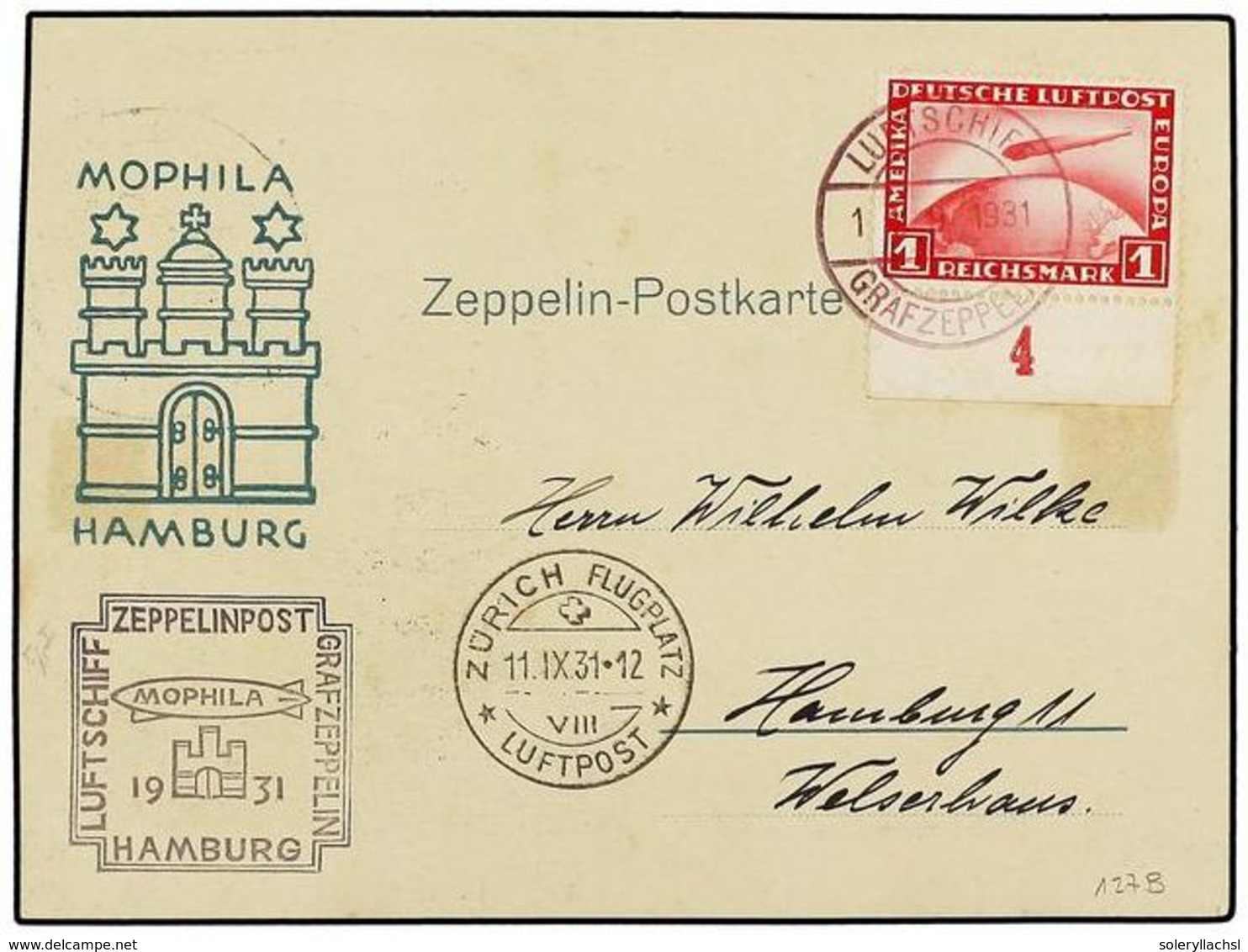 5771 ZEPPELIN. 1931 (11 Septiembre). <B>GERMANY. </B>HAMBURGO A HAMBURGO. <B>1 Mk.</B> Rojo, Lanzada Sobre Zurich. Marca - Other & Unclassified