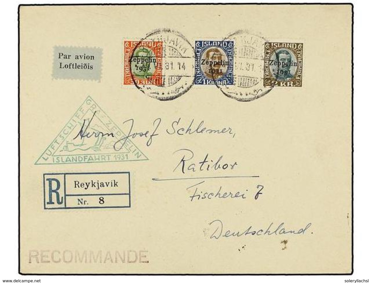 5775 ZEPPELIN. 1931 (30 Junio). <B>ICELAND.</B> REYKJAVIK A ALEMANIA.<B> 30 Aur.</B> <B>1 </B>y <B>2 Kr.</B> Marca Del V - Other & Unclassified