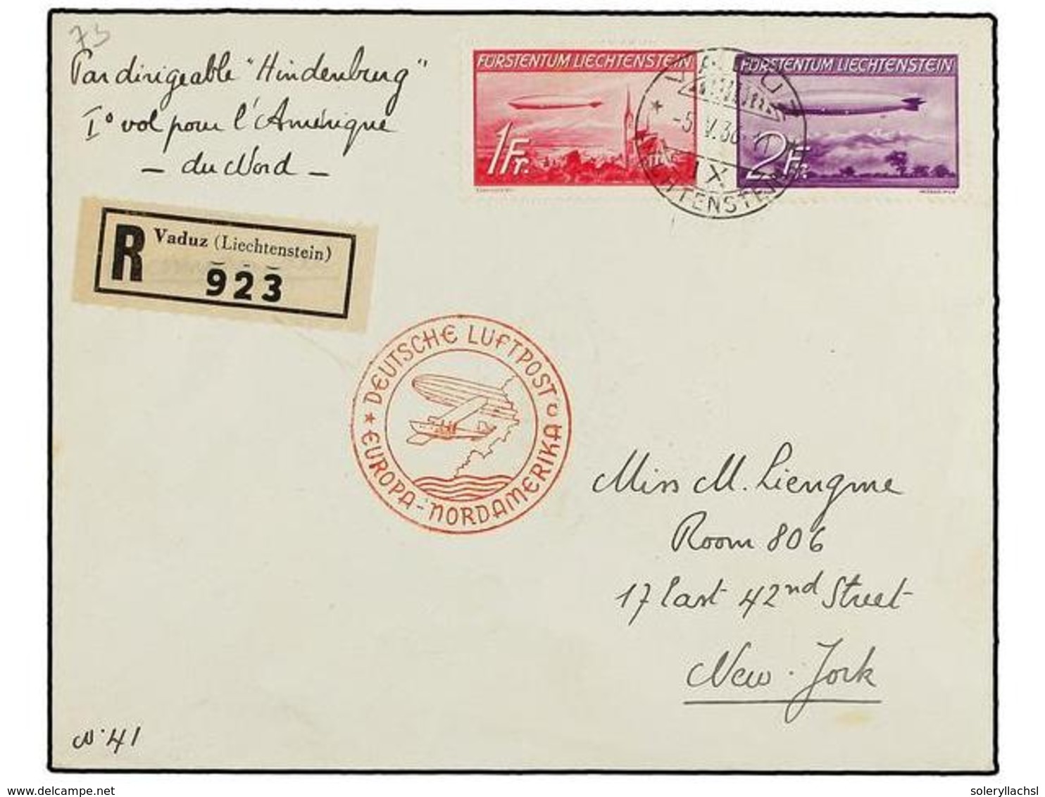 5779 ZEPPELIN. 1936 (5-V). <B>LIECHTENSTEIN.</B> VADUZ A NEW YORK.<B>1 Fr.</B> Y <B>2 Fr.</B> Circulada Por El <B>GRAF Z - Other & Unclassified