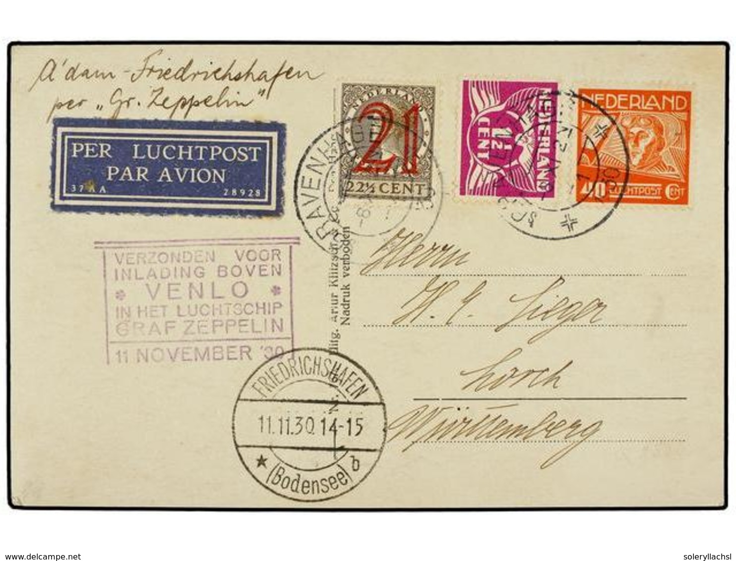 5782 ZEPPELIN. 1930 (Nov. 8). <B>NETHERLANDS. </B>LZ 127 Flight Card Franked By <B>1½c., 21c. On 22 ½c.</B> And <B>40c.< - Other & Unclassified