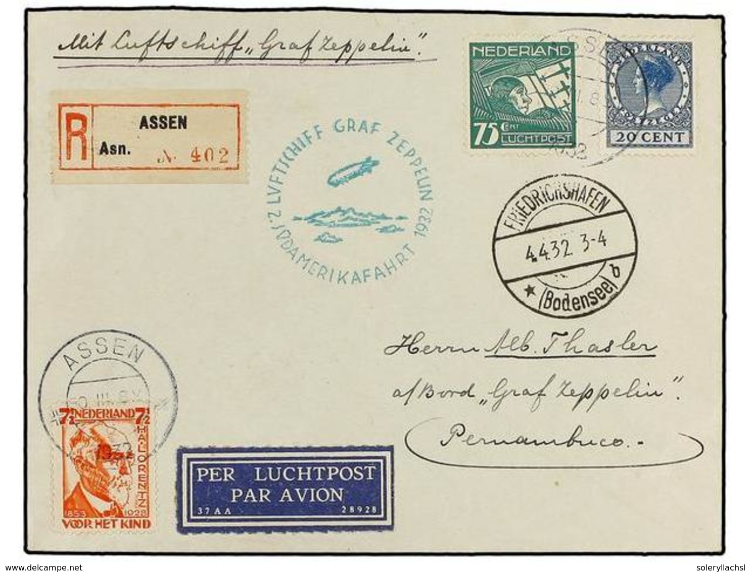 5788 ZEPPELIN. 1932 (20-III). <B>HOLANDA</B>. ASSEN A PERNAMBUCO (Brasil) Con Franqueo Holandés Circulada Por<B> GRAF ZE - Other & Unclassified