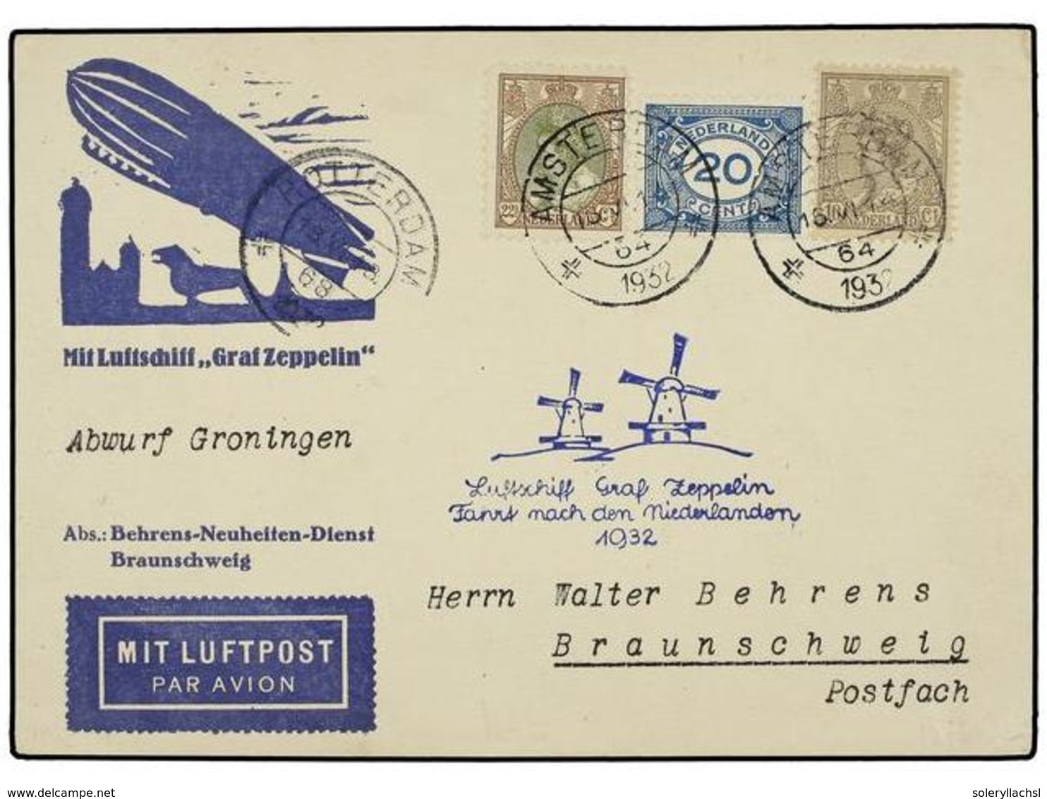 5789 ZEPPELIN. 1932 (16 Junio). <B>NETHERLANDS. </B>AMSTERDAM A AELMANIA. <B>10, 20</B> Y <B>22 1/2 Cts.</B> Circulada P - Other & Unclassified