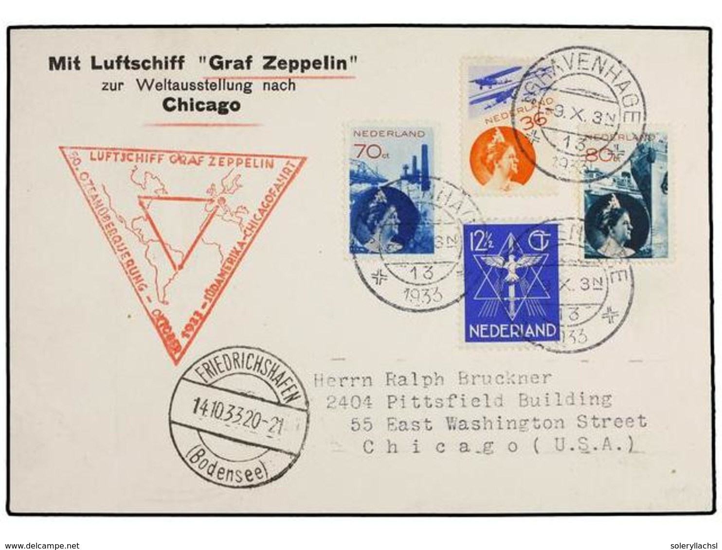 5794 ZEPPELIN. 1933 (14-X). <B>HOLANDA. </B>GRAVENHAGE A CHICAGO (USA) Con Franqueo Holandés, Circulada Por <B>GRAF ZEPP - Other & Unclassified