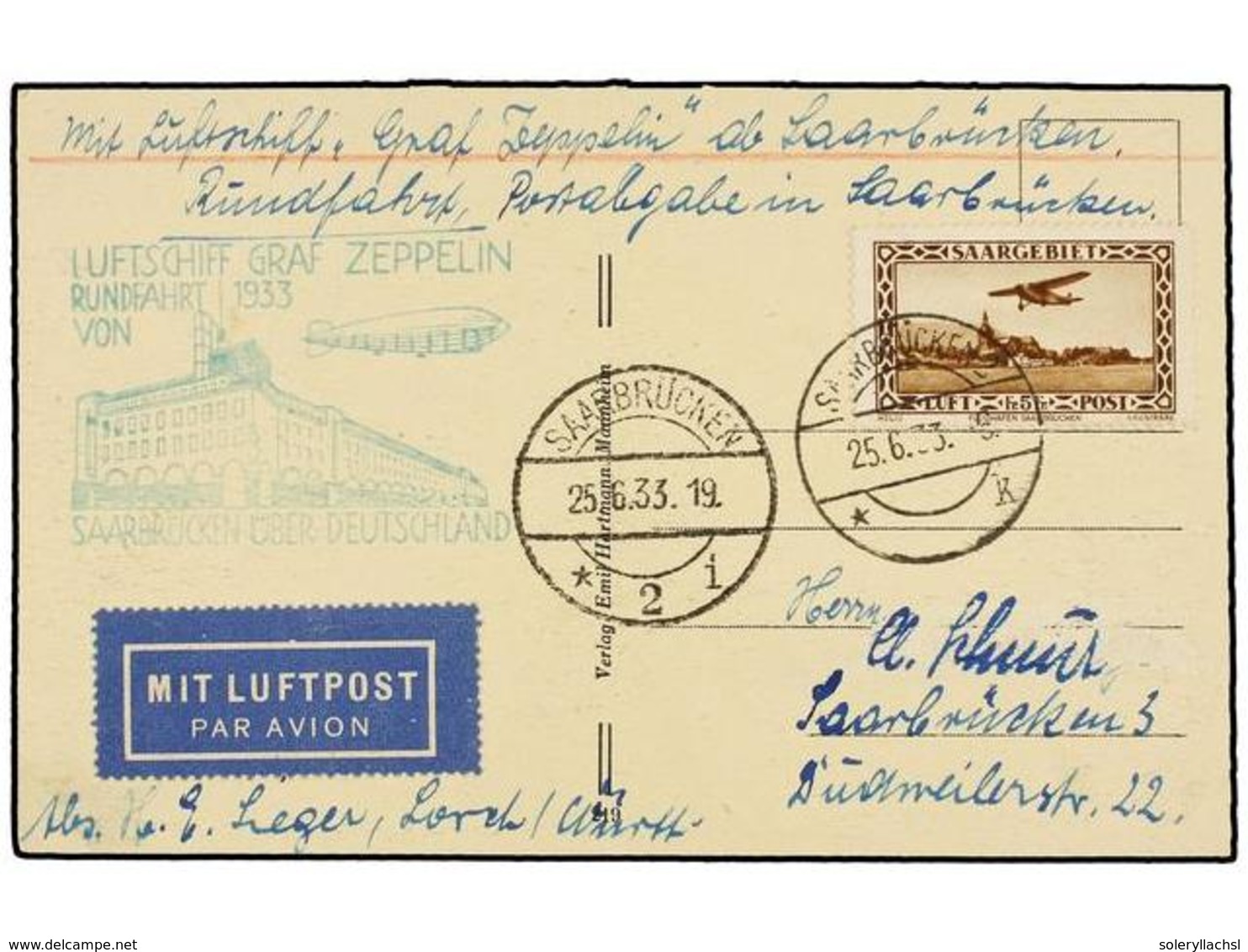 5803 ZEPPELIN. 1933. SAAR A ALEMANIA. Circulado Por <B>GRAF ZEPPELIN</B> Con Sello <B>5 Fr.</B> Castaño. - Other & Unclassified