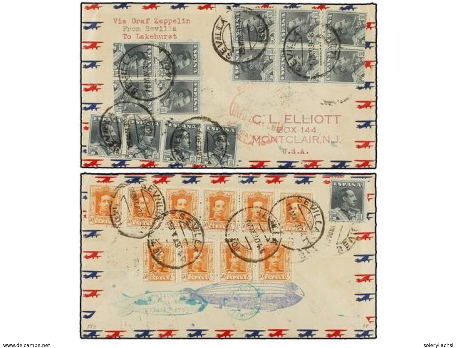 5804 ZEPPELIN. 1930 (19 Mayo). <B>SPAIN. </B>SEVILLA A USA. <B>50 Cts.</B> (10) Y <B>1 Pta.</B> (15) (franqueo En Anvers - Other & Unclassified