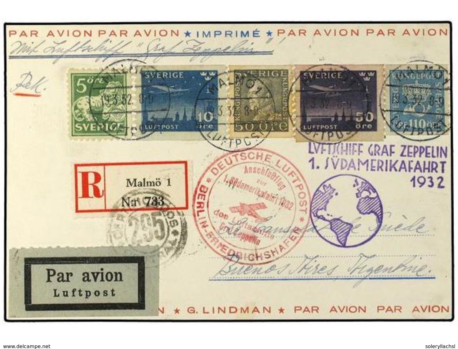 5807 ZEPPELIN. 1932. <B>SUECIA. </B>1st S.America Flight.  Registered Swedish Acceptance Card To Buenos Aires With Multi - Other & Unclassified