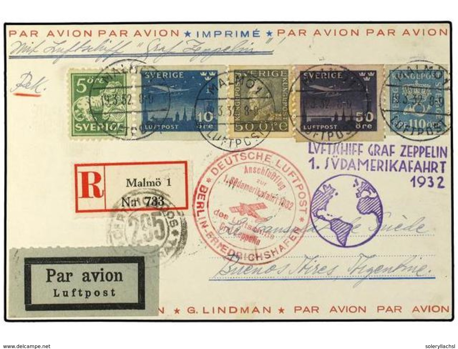 5807 ZEPPELIN. 1932. <B>SUECIA. </B>1st S.America Flight.  Registered Swedish Acceptance Card To Buenos Aires With Multi - Sonstige & Ohne Zuordnung