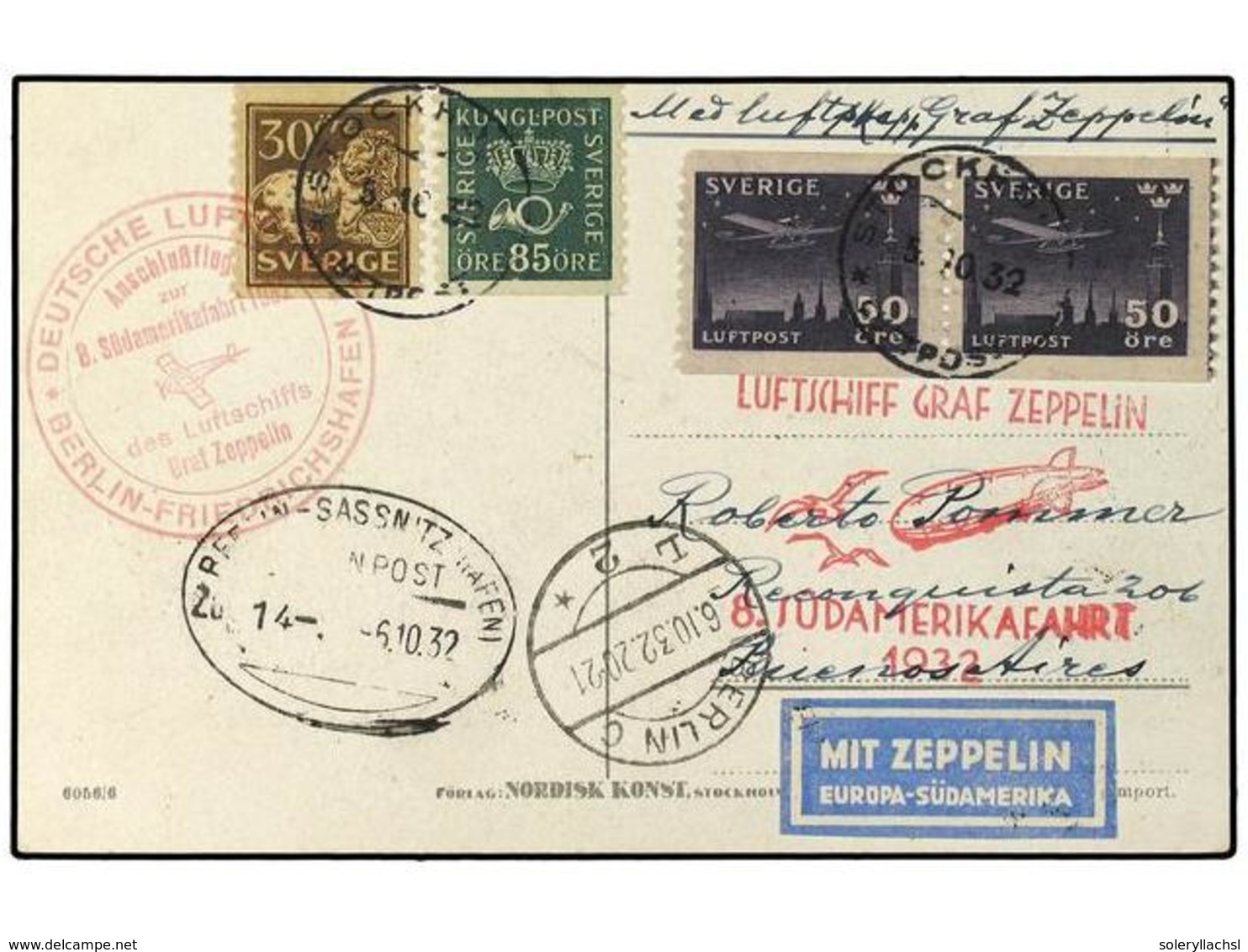 5808 ZEPPELIN. 1932. <B>SWEDEN. </B>8th S.America Flight.  Swedish Acceptance Picture Postcard To Buenos Aires Franked < - Other & Unclassified