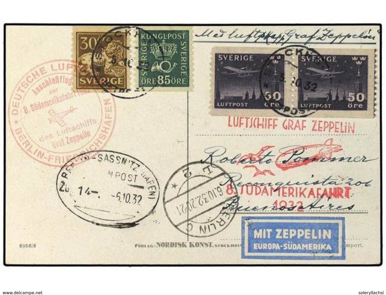 5808 ZEPPELIN. 1932. <B>SWEDEN. </B>8th S.America Flight.  Swedish Acceptance Picture Postcard To Buenos Aires Franked < - Sonstige & Ohne Zuordnung