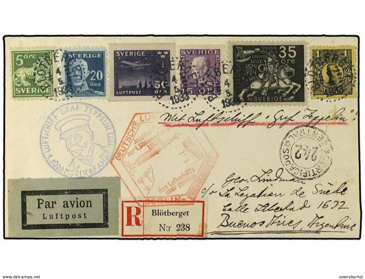 5809 ZEPPELIN. 1933. <B>SWEDEN. </B>1st S.America Flight.  Swedish Acceptance Cover Registered To Buenos Aires Franked V - Otros & Sin Clasificación