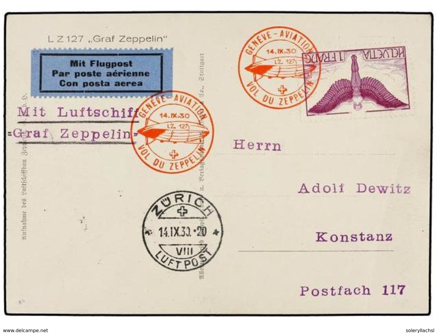 5815 ZEPPELIN. 1930 (14-IX). <B>SWITZERLAND. </B>GENEVE To ZURICH Via <B>GRAF ZEPPELIN</B> Special Flight Mark, Arrival  - Andere & Zonder Classificatie