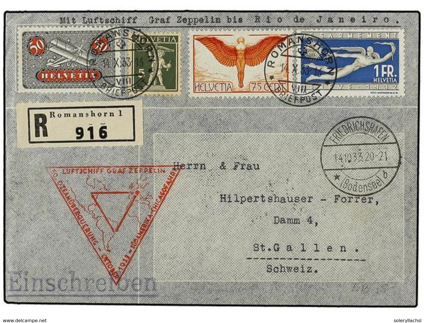5823 ZEPPELIN. 1933 (14-X). <B>SWITZERLAND. </B>ROMANSHORN A ST. GALLEN. Circulada Para Enlazar Con El <B>GRAF ZEPPELIN  - Sonstige & Ohne Zuordnung