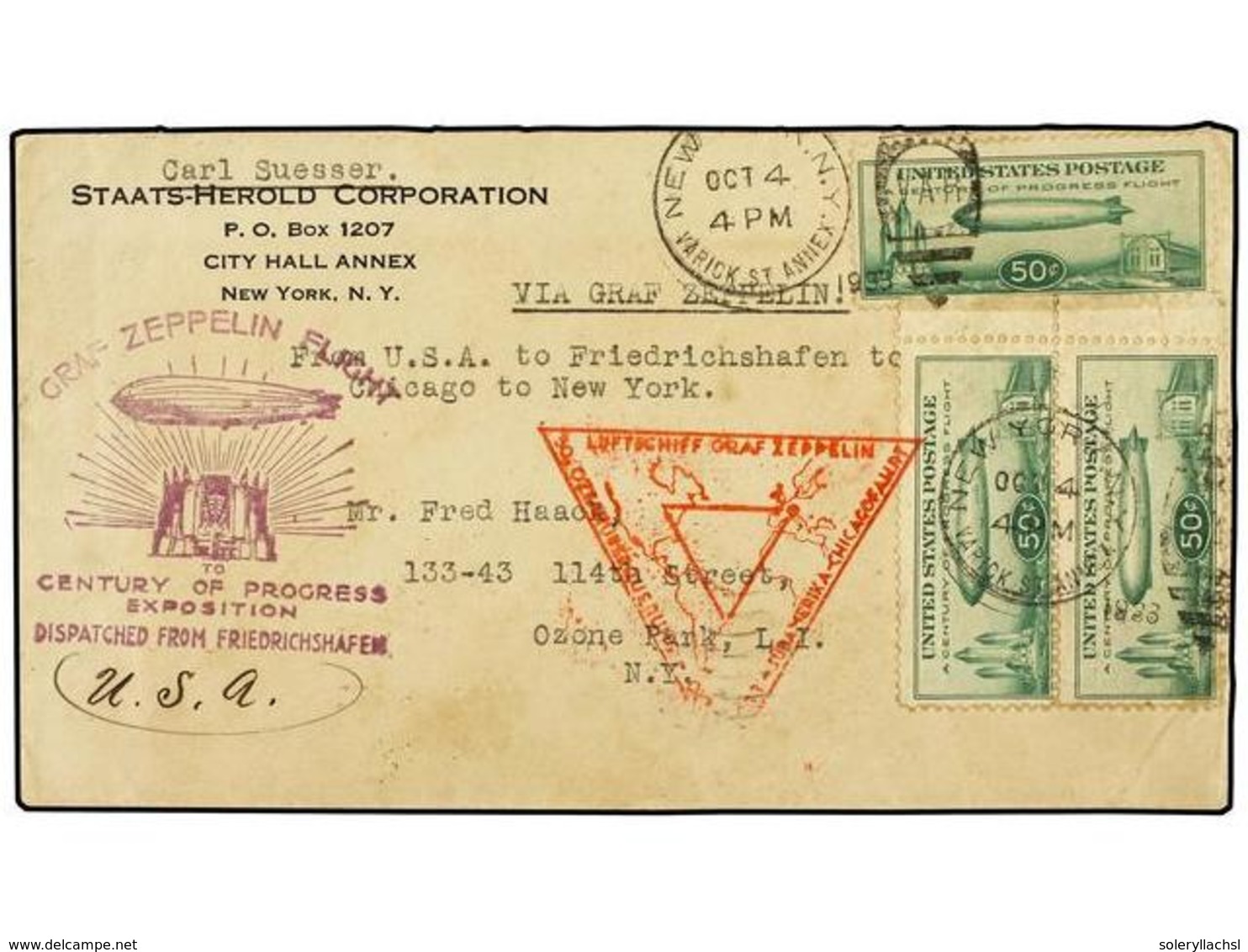 5826 ZEPPELIN. 1933 (4 Octubre). <B>UNITED STATES OF AMERICA.</B> NEW YORK A NEW YORK Vía Friedrichshafen Y Chicago.<B>  - Autres & Non Classés