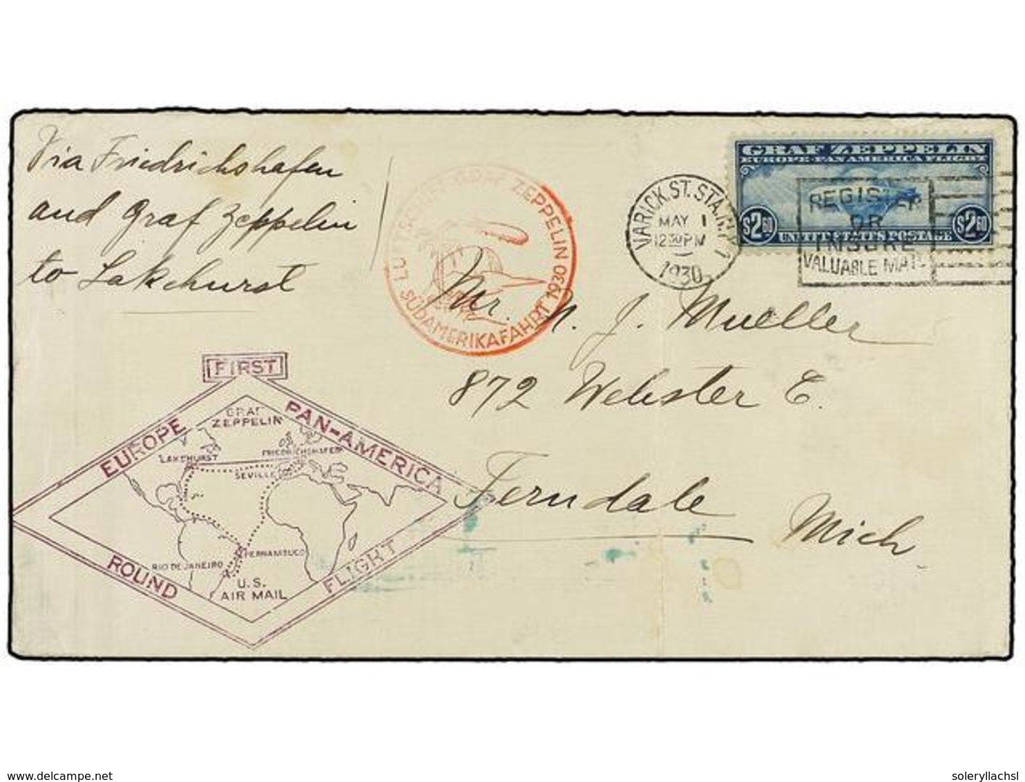 5827 ZEPPELIN. 1930 (May 1). <B>UNITED STATES OF AMERICA.  </B>LZ 127 Flight Cover, Slight Fold, Franked By Zeppelin 193 - Sonstige & Ohne Zuordnung