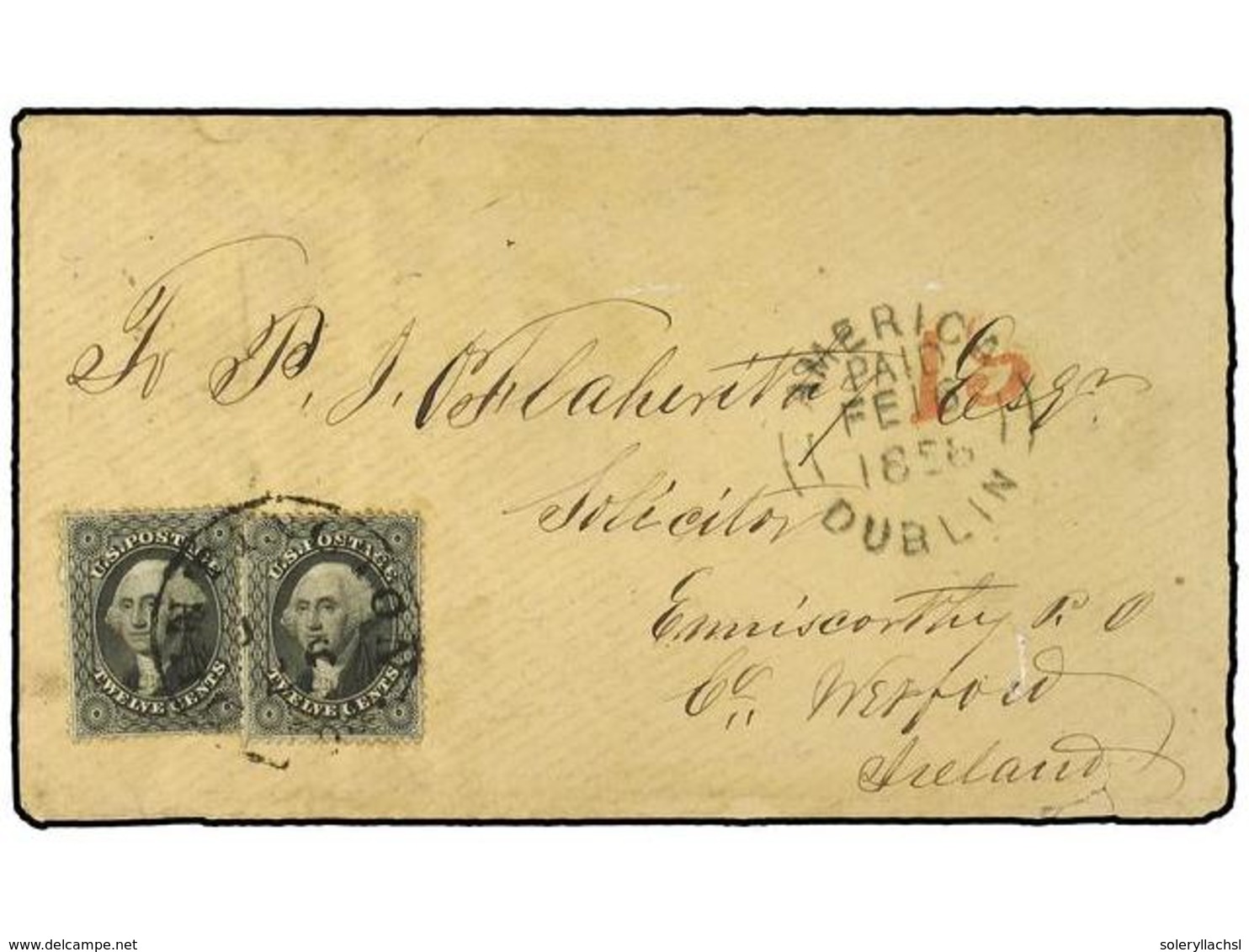 5524 ESTADOS UNIDOS. 1858. Envelope To IRELAND Bearing <B>12 Cents</B> Black (2) (Scott 36) Plate 1 Tied By <B>HUNTINGTO - Sonstige & Ohne Zuordnung
