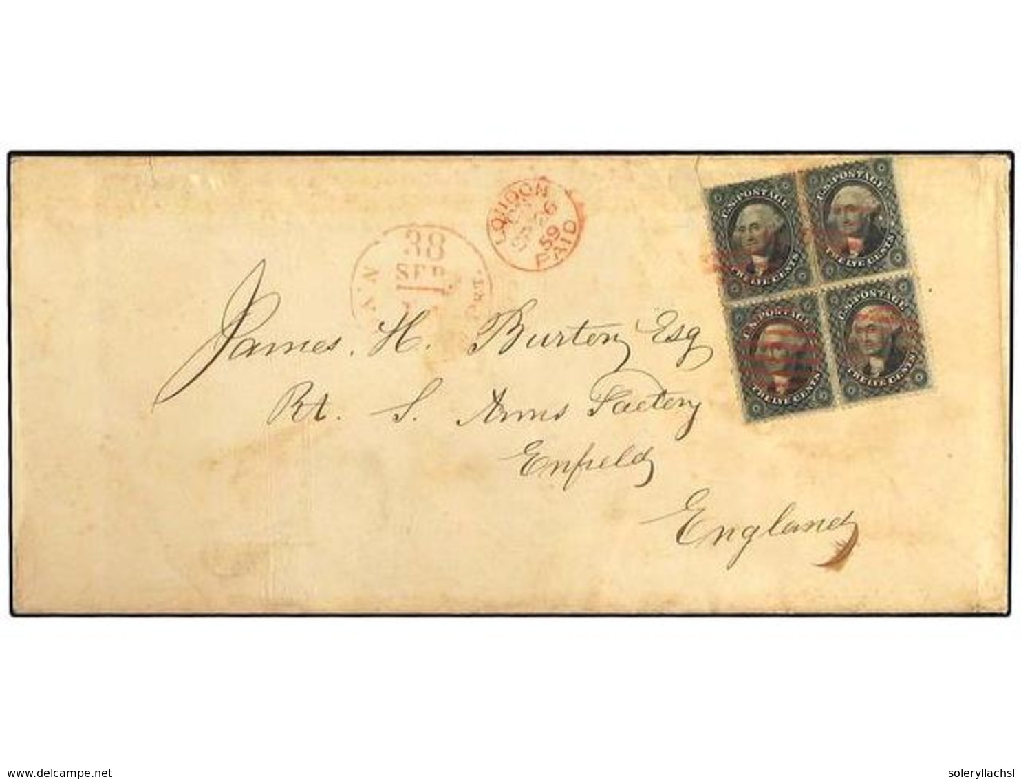 5526 ESTADOS UNIDOS. 1859(Sept 14). Cover To Enfield, England Franked By 1857 <B>12c</B> Black In A Rare Block Of Four ( - Other & Unclassified