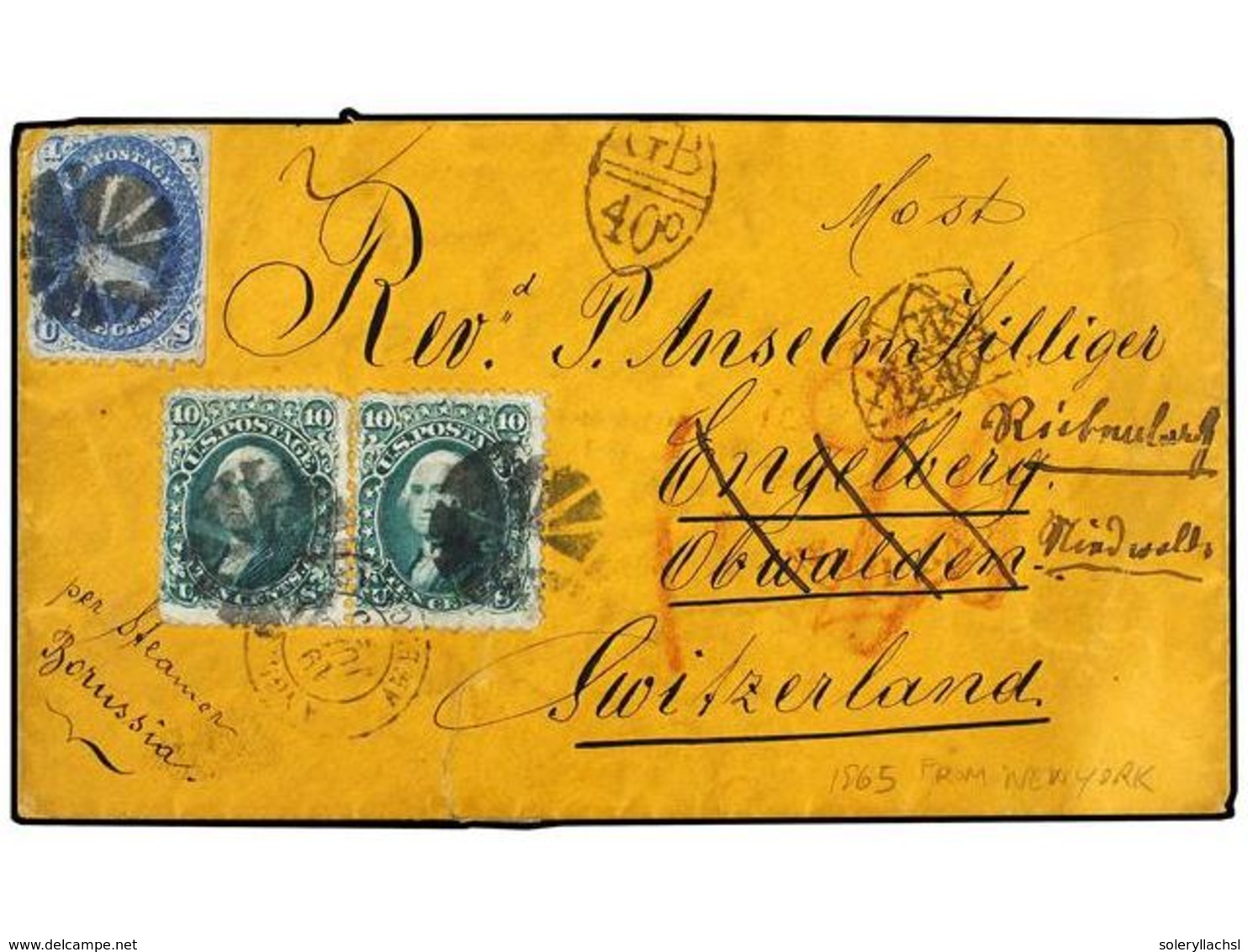 5535 ESTADOS UNIDOS. 1865. NEW YORK A SUIZA. <B>1 Cto.</B> Azul (defecto) Y <B>10 Cents</B> Verde (2). Marca De Intercam - Sonstige & Ohne Zuordnung