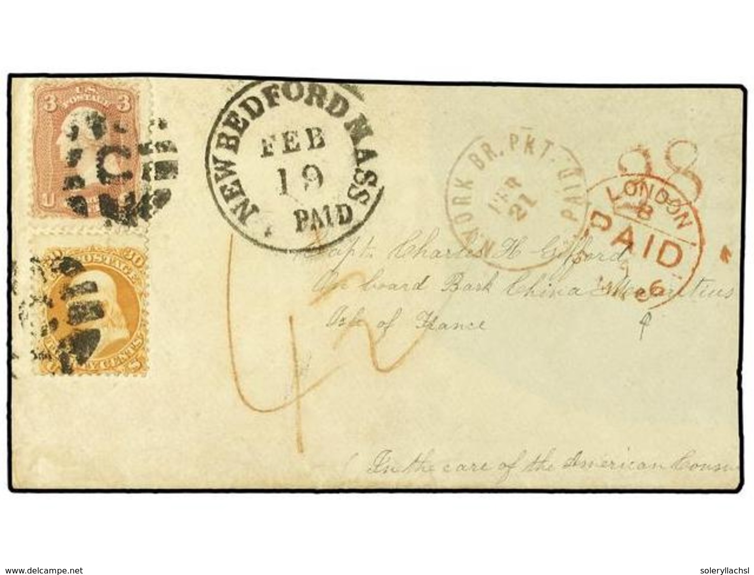 5539 ESTADOS UNIDOS. 1866 (Feb 19). Delightful Cover To Mauritius From New Bedford/Mass. Franked By 1861-62 <B>3 C</B>.  - Other & Unclassified