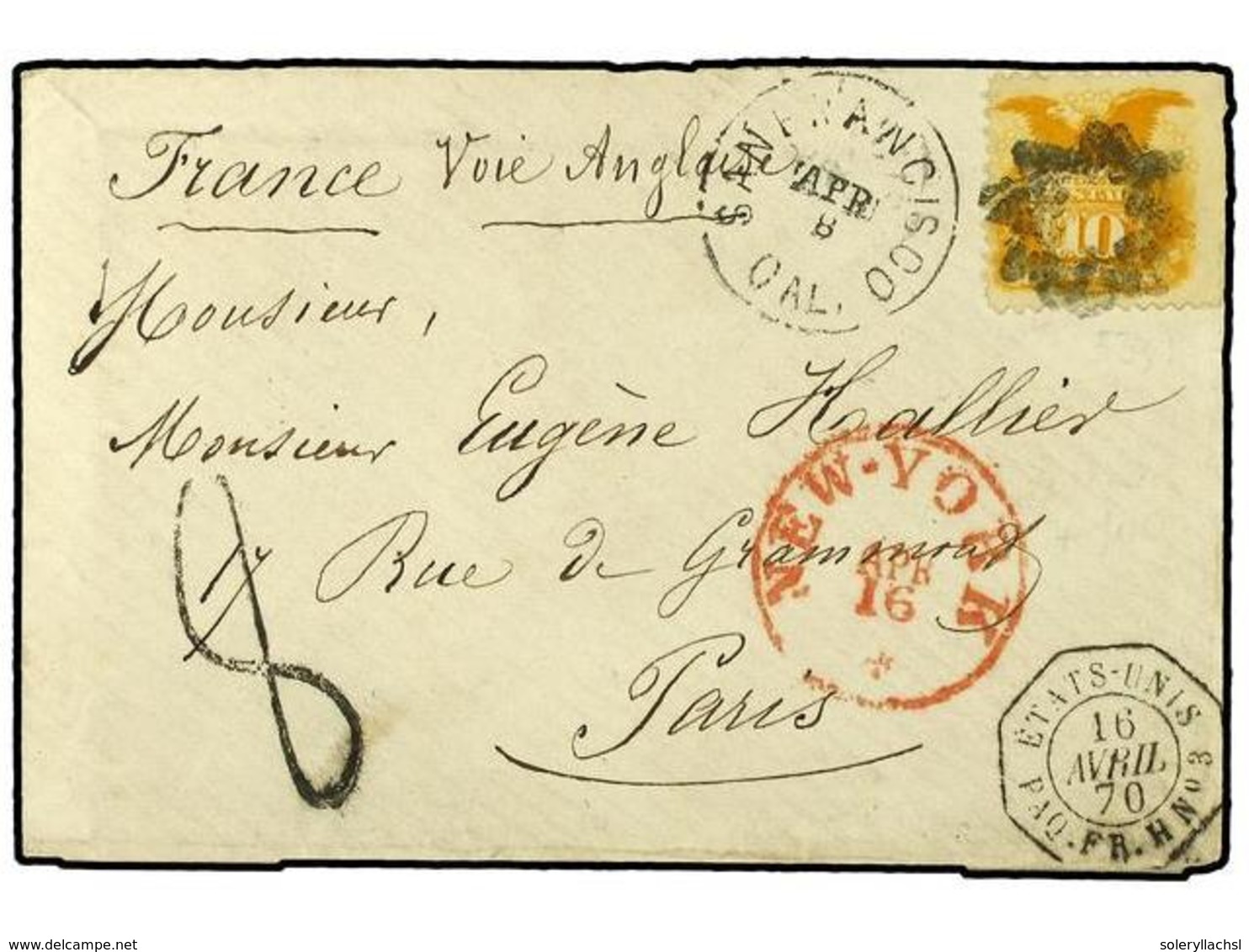 5547 ESTADOS UNIDOS. 1870 (April 8). Small Envelope From San Francisco To Paris Franked By 1869 <B>10c</B>. Orange Yello - Sonstige & Ohne Zuordnung