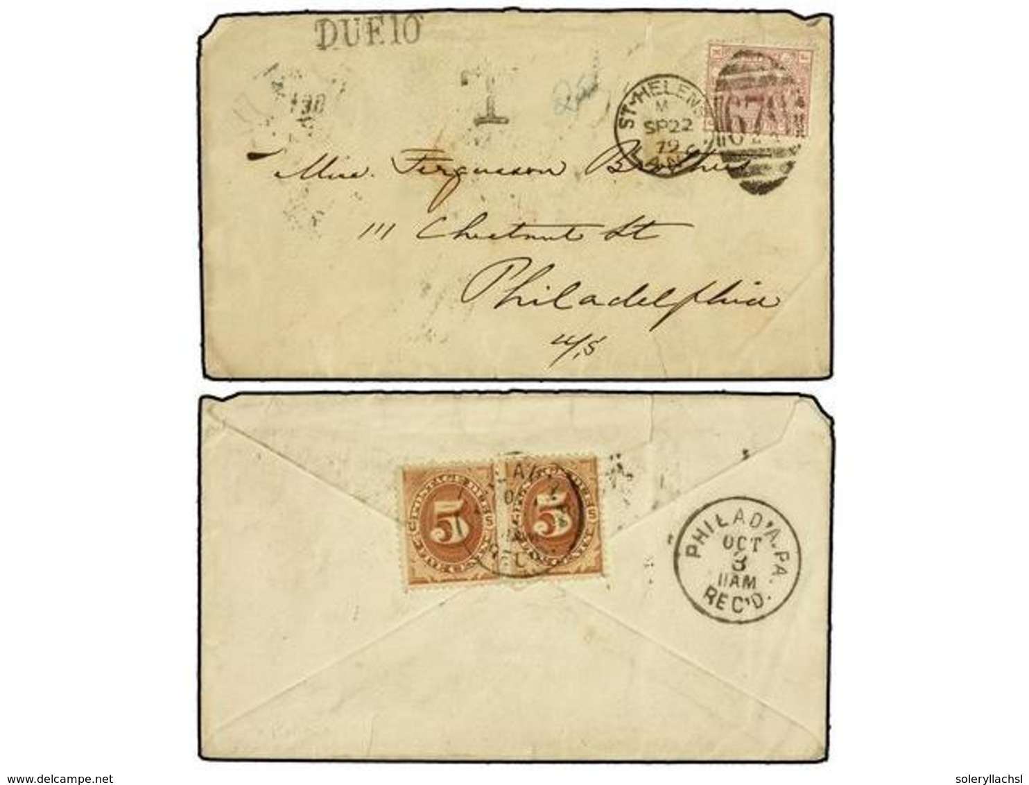 5557 ESTADOS UNIDOS. 1879. ST. HELENS (Great Britain) To PHILADELPHIA. <B>2 1/2 D.</B> Rose, Taxed On Arrival With U.S.A - Other & Unclassified