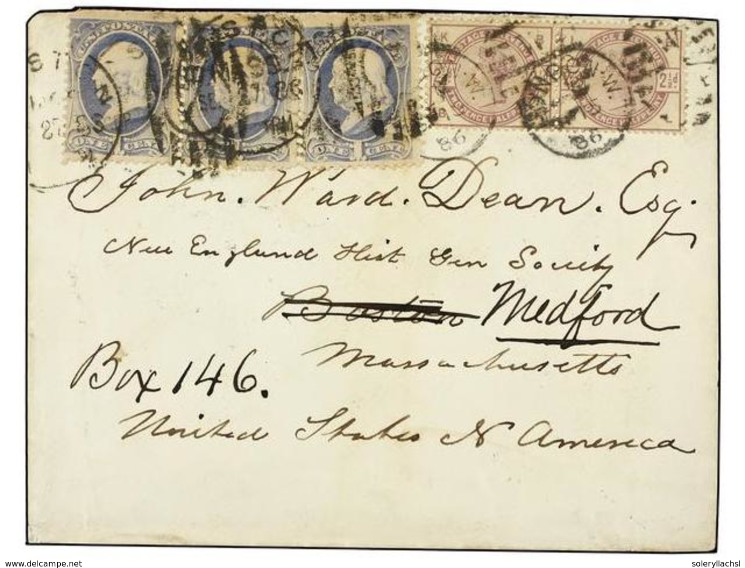 5566 ESTADOS UNIDOS. 1886. LONDON To BOSTON (U.S.A.). <B>2 1/2 P.</B> Lilac (2) Redirected To MEDFORD With Three U.S. <B - Other & Unclassified
