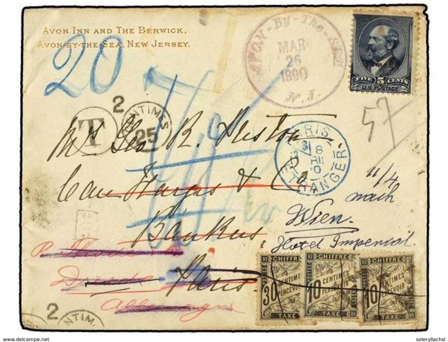 5571 ESTADOS UNIDOS. 1890. AVON BY THE SEA To FRANCE. <B>5 Cents</B> Blue (light Fault) Taxed On Arrival With French <B> - Other & Unclassified