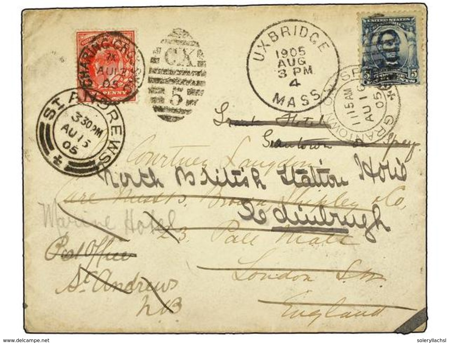 5583 ESTADOS UNIDOS. 1905. UXBRIDGE To LONDON. <B>5 Cents</B> Blue Redirected To ST. ANDREWS With Great Britain <B>1 P.  - Other & Unclassified