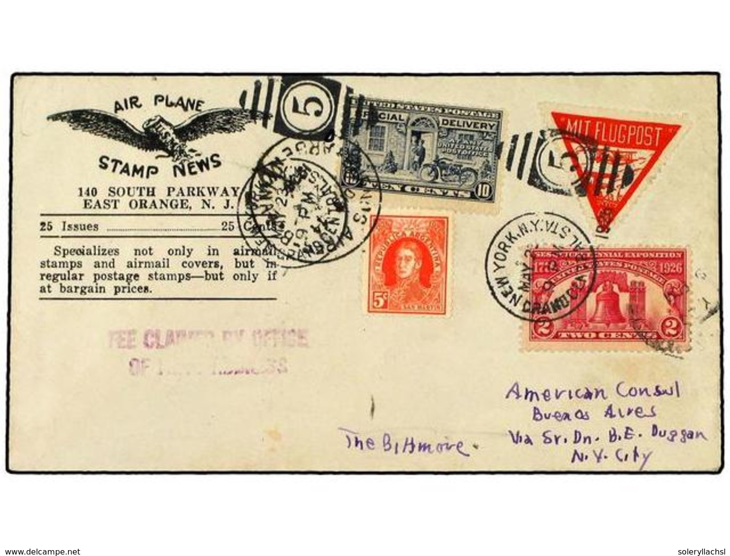 5588 ESTADOS UNIDOS. 1926 (22-V). <B>AIR MAIL. FIRST FLIGHT. </B>NEW YORK To BUENOS AIRES Flight By The Pilot Don Duggam - Other & Unclassified