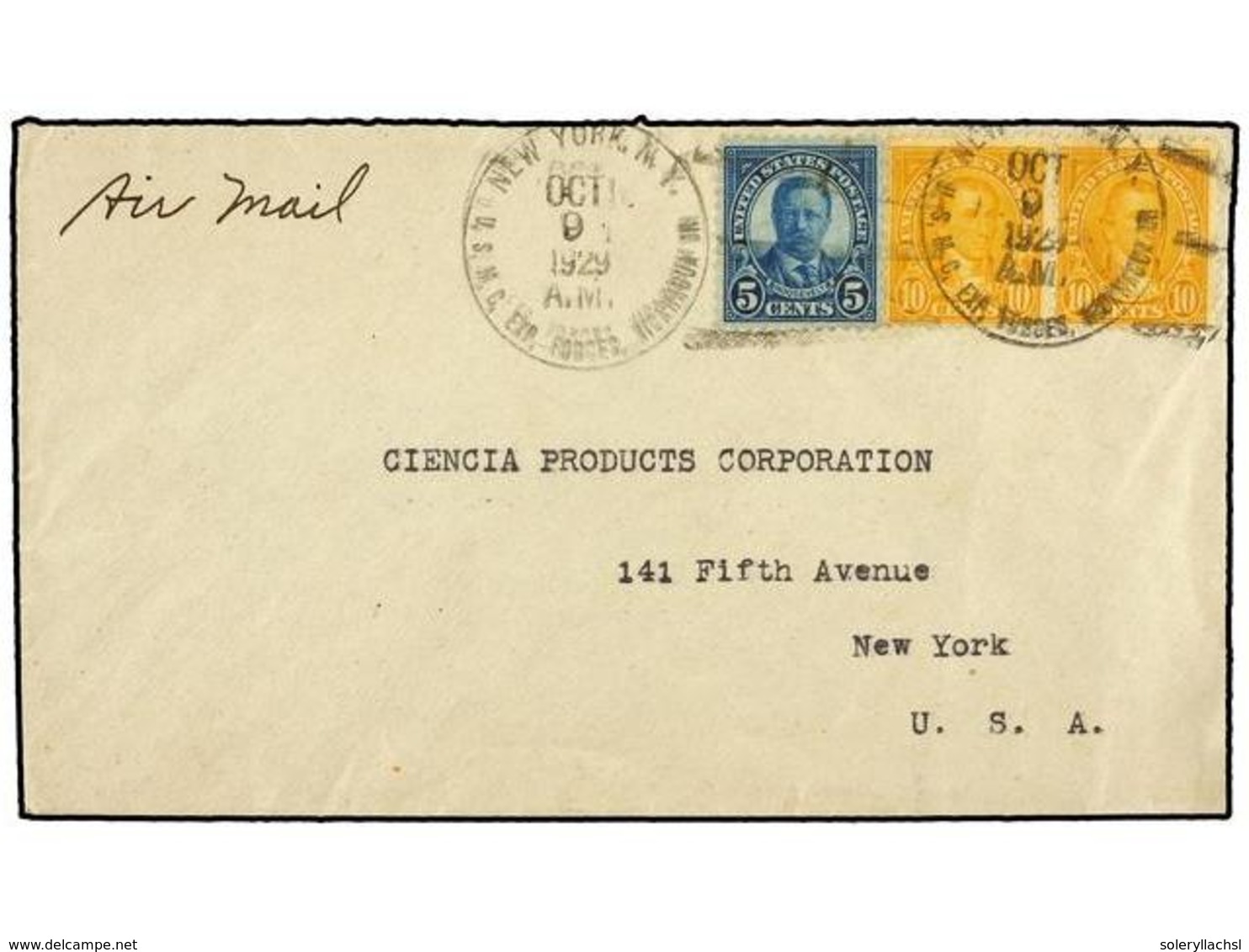 5590 ESTADOS UNIDOS. Sc.443, 448 (2). 1929. Cover To NEW YORK, <B>5 Cts.</B> Blue And <B>10 Cts.</B> Yellow (2) With <B> - Sonstige & Ohne Zuordnung