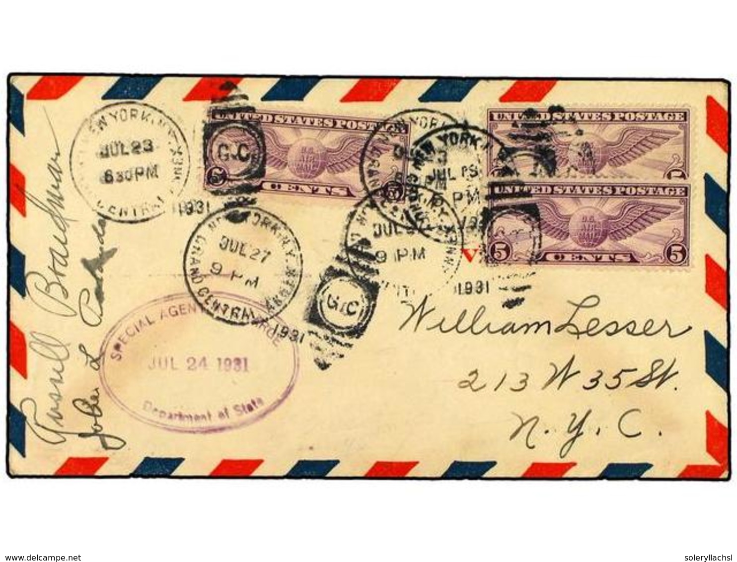 5593 ESTADOS UNIDOS. 1931 (27-VII). <B>AIR MAIL. FIRST FLIGHT. </B>NEW YORK To ISTAMBUL Envelope Franked With Three <B>5 - Other & Unclassified