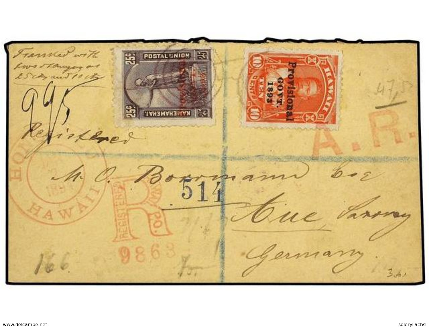 5599 HAWAI. Sc.64+67. 1894 (Jan. 2). Registered / AR Cover To GERMANY Franked By 1893 <B>Provisional Govt. Surcharged 10 - Other & Unclassified