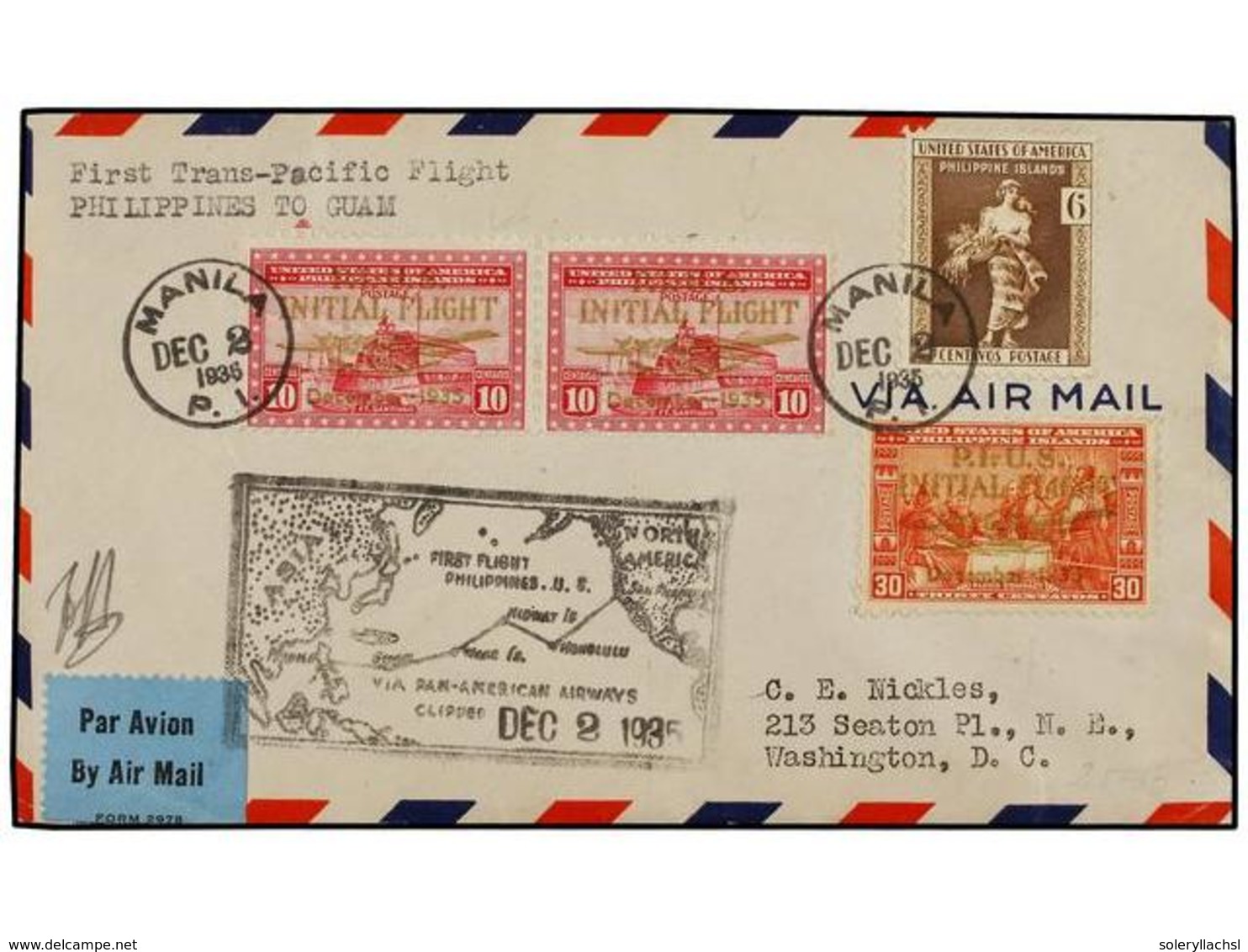 5602 FILIPINAS. 1935 (December 2). MANILA To USA. <B>FIRST FLIGTH MANILA-GUAM. </B> - Sonstige & Ohne Zuordnung