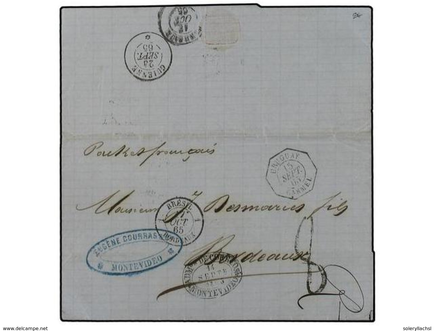 5612 URUGUAY. 1865 (Sept 14). Cover From MONTEVIDEO To BORDEAUX With Oval <B>ADMON DE CORREOS/MONTEVIDEO </B>despatch, T - Sonstige & Ohne Zuordnung